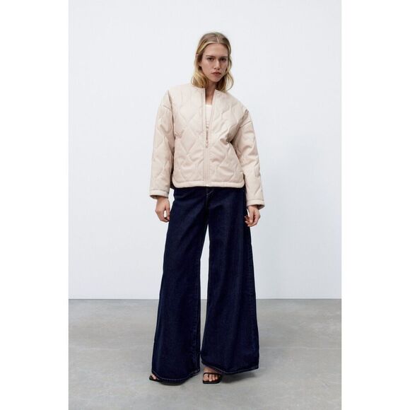 Cream Zara Quilted Pattern Faux Leather Puffer Jacket (NWT) - Picture 3 of 11